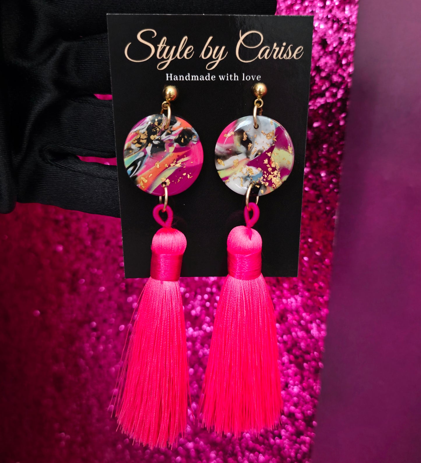 Pink marble galaxy earrings w/ tassel