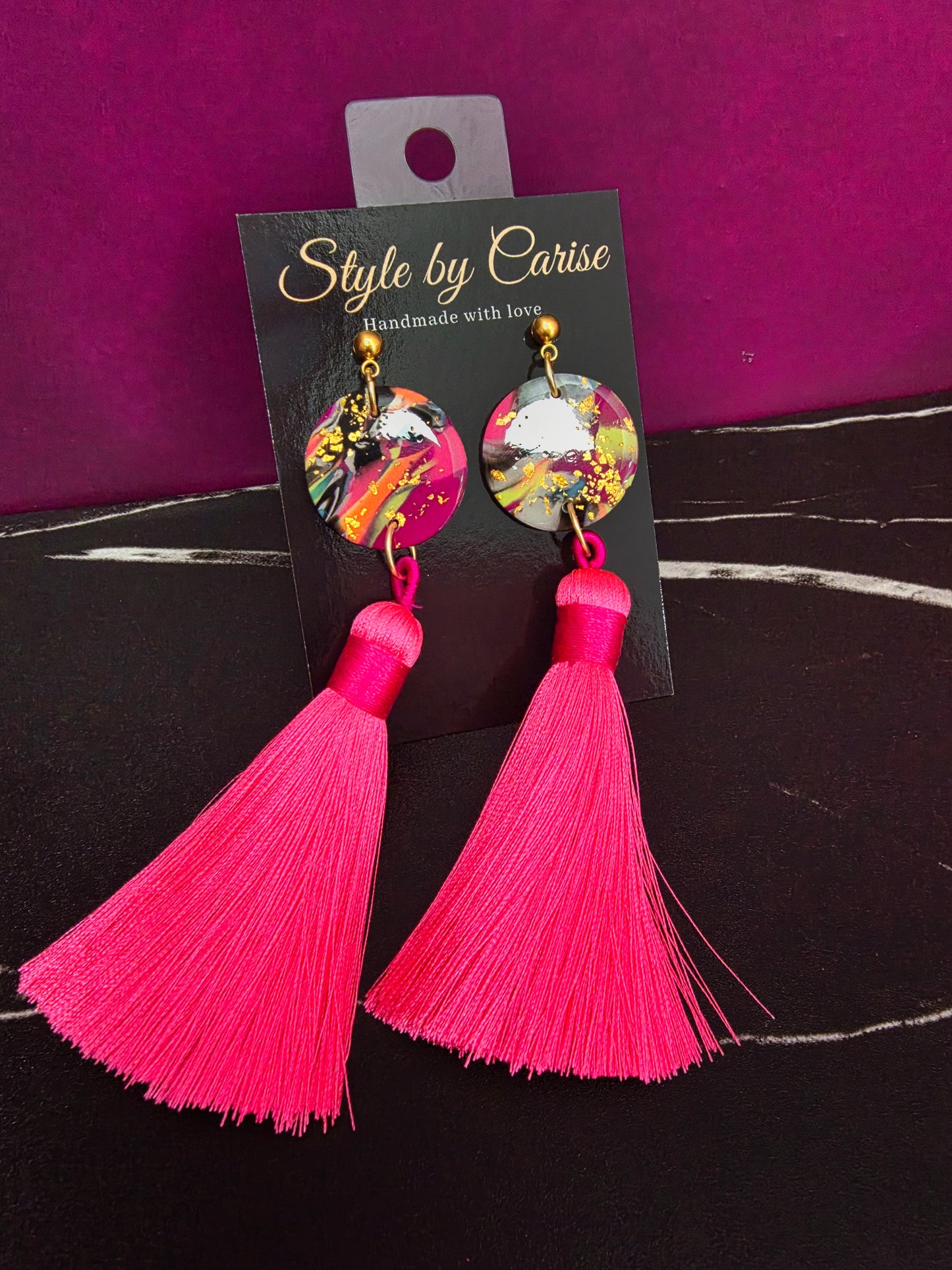 Pink marble galaxy earrings w/ tassel